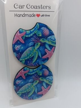 Sea Turtle Car Coasters - Blue & Green with Pink Accents